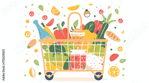 Shopping basket with fresh food and drink. Vector fla photo