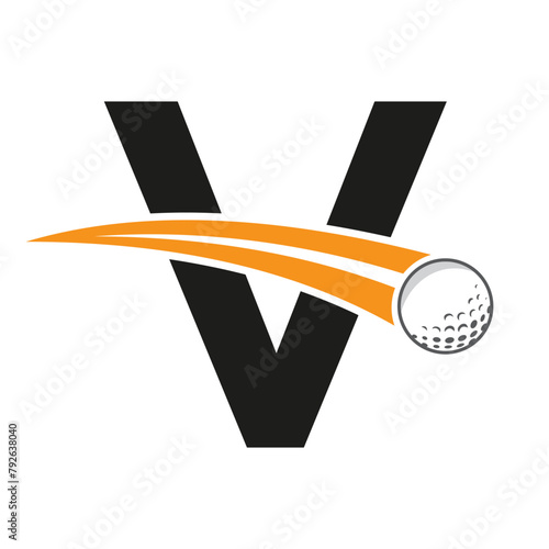 Golf Logo On Letter V Concept With Moving Golf ball Symbol. Hockey Sign