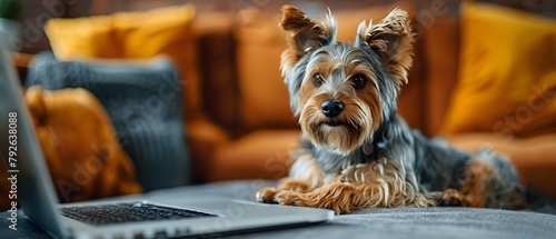 Dogs video chatting on a laptop in an online meeting together. Concept Pets, Video call, Online meeting, Technology, Dogs photo