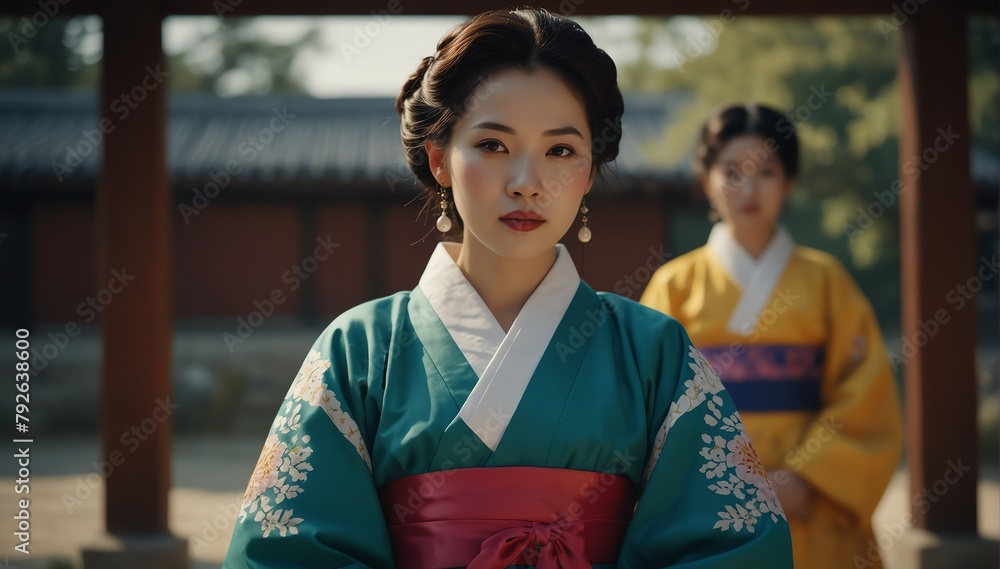 beautiful caucasian middleaged woman wearing traditional korean clothing hanbok from Generative AI