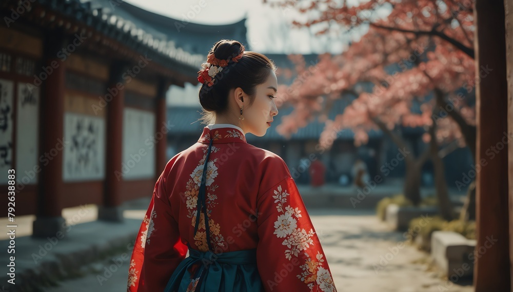 beautiful caucasian young woman wearing traditional korean clothing hanbok from Generative AI