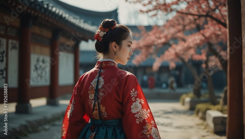 beautiful caucasian young woman wearing traditional korean clothing hanbok from Generative AI
