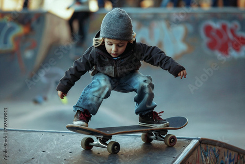 Young Child Mastering Skateboarding at Urban Skate Park