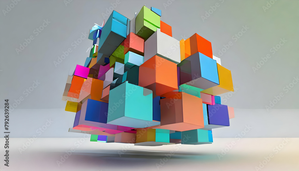 a 3D render of a floating structure made of multicolored cubes, ideal for a playful tech startup’s homepage a 3D render of a floating structure made of multicolored cubes, ideal for a playful tech startup’s homepage