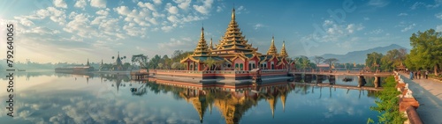 Thai cultural landscape: River view, town panorama, temples, architecture, Asian tourism, Bangkok, royal palace, pagodas, traditional art, Buddhist culture, observation points, sky, ancient, cultural 