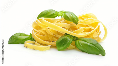 Italian pasta fettuccine nest and basil leaves 
