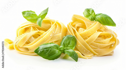 Italian pasta fettuccine nest and basil leaves 
