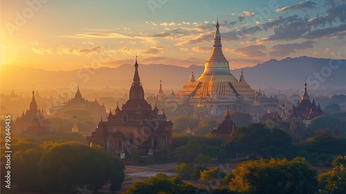 Sunset panorama of Bagan, Myanmar with temples, river, and cultural heritage under night sky, blending Thai and Asian architecture photo
