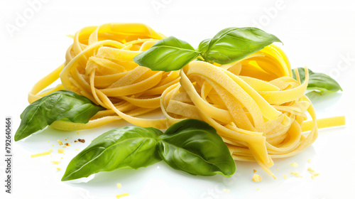 Italian pasta fettuccine nest and basil leaves 