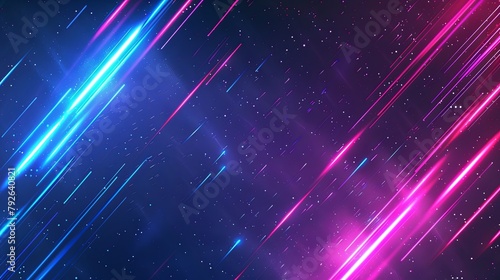 Abstract background with neon blue and pink light streaks on dark night sky © EnelEva