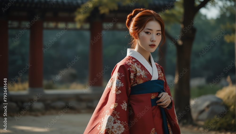 beautiful red head young woman wearing traditional korean clothing hanbok from Generative AI