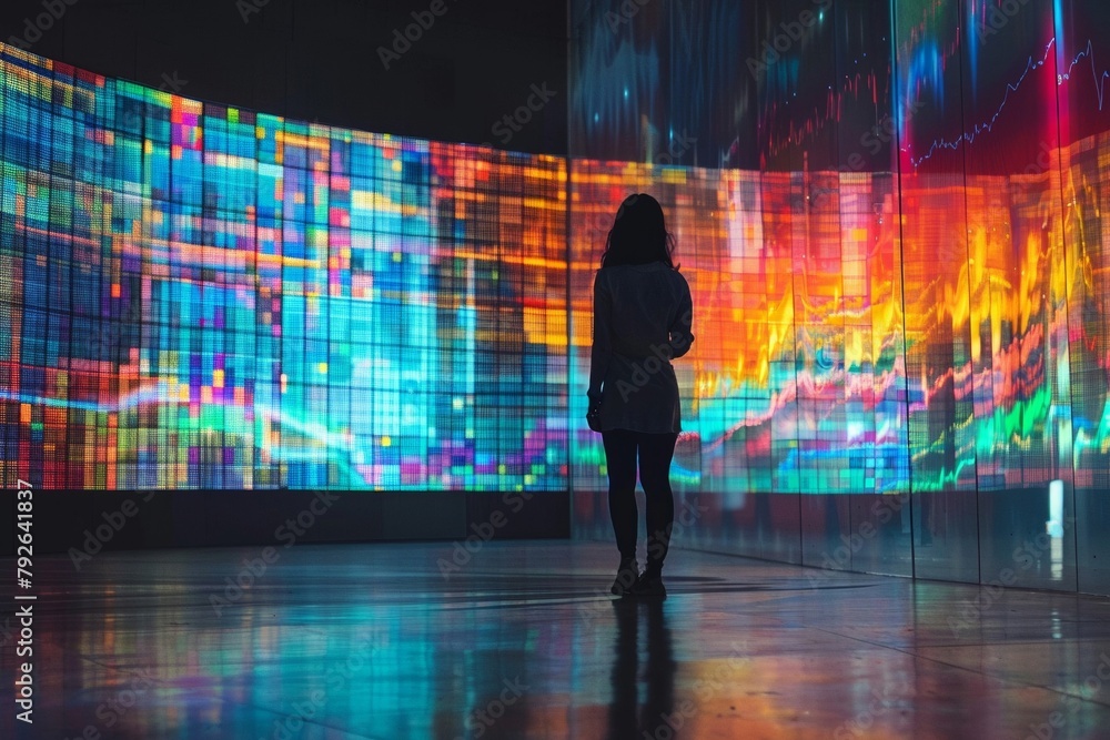 Obraz premium Image of a person analyzing market trends on a large digital screen.