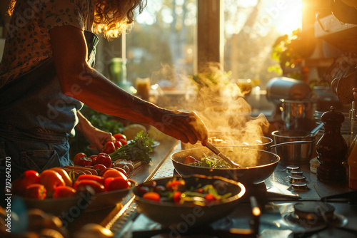 Healthy Cooking at Home During Sunset in a Cozy Kitchen