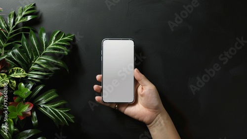 a hand showing casing a mobile empty screen mockup photo