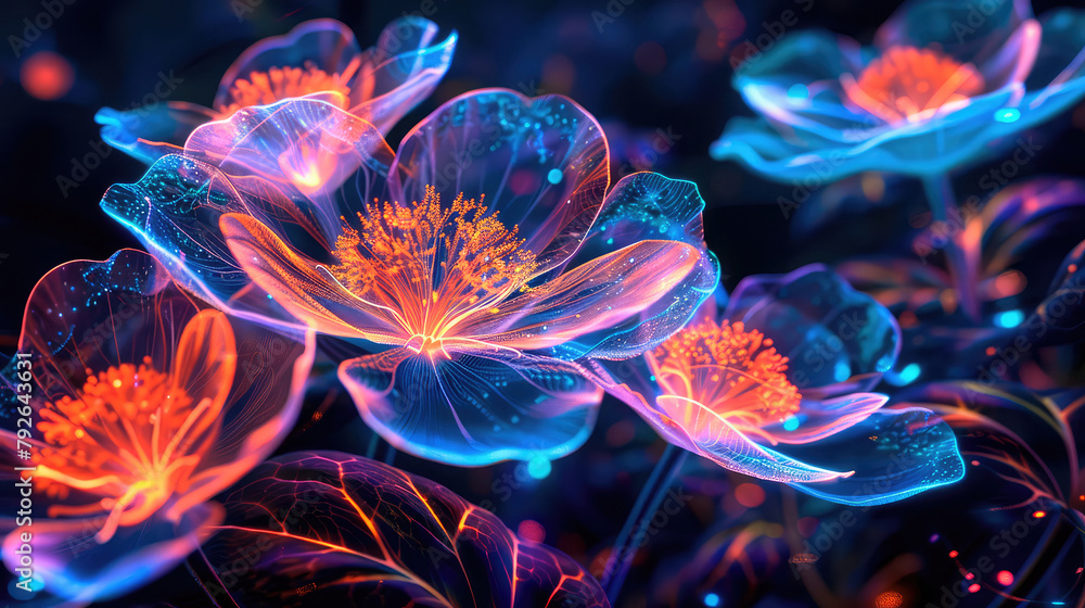 Naklejka premium Fantastic cosmic flowers in neon shades. Generative AI