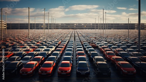 aerial photo capturing the organized arrangement of brand-new cars lined up at the port, ready for import and export logistics. This scene highlights the efficiency. photo