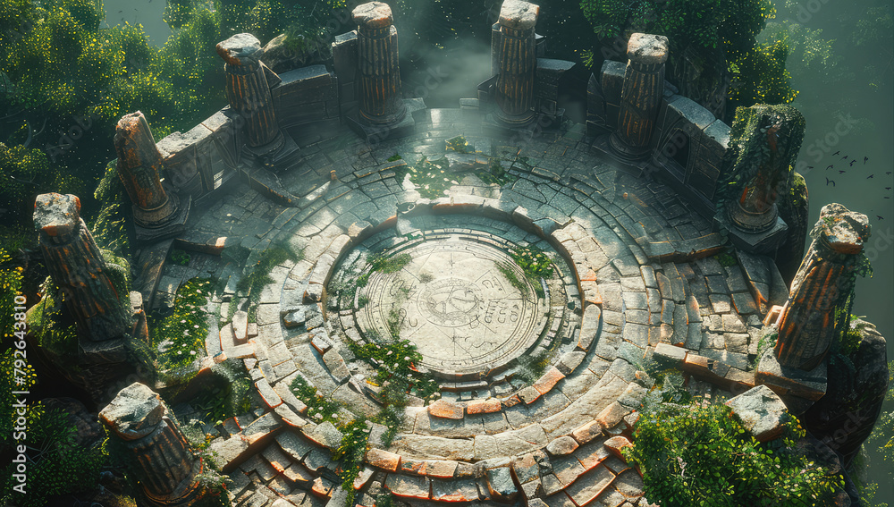 A top-down view of an ancient circular stone temple surrounded by forest, with multiple giant statues and ruins scattered around it. Created with Ai