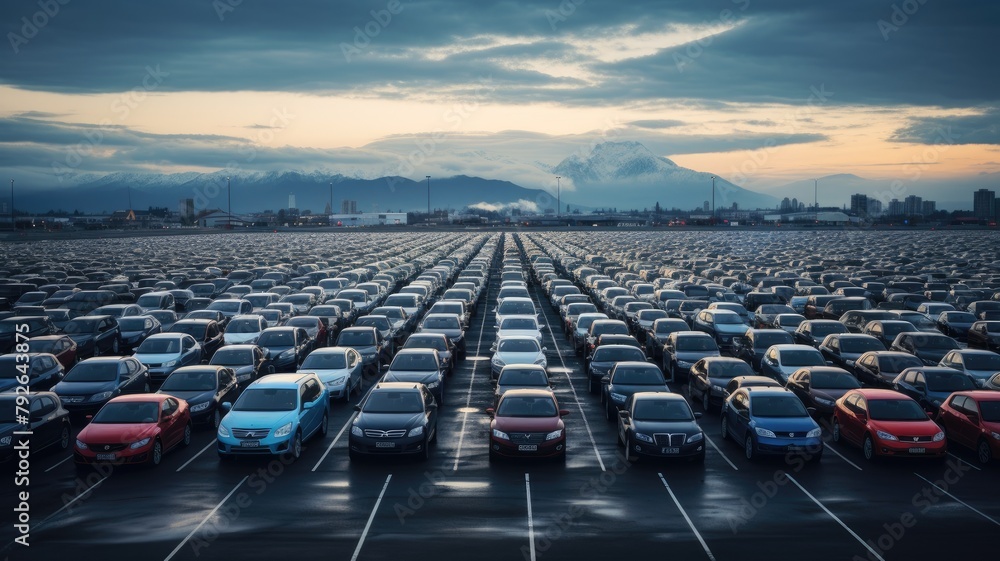 Fototapeta premium aerial photo capturing the organized arrangement of brand-new cars lined up at the port, ready for import and export logistics. This scene highlights the efficiency.