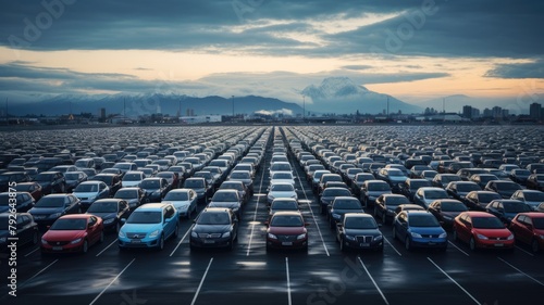 aerial photo capturing the organized arrangement of brand-new cars lined up at the port, ready for import and export logistics. This scene highlights the efficiency. photo