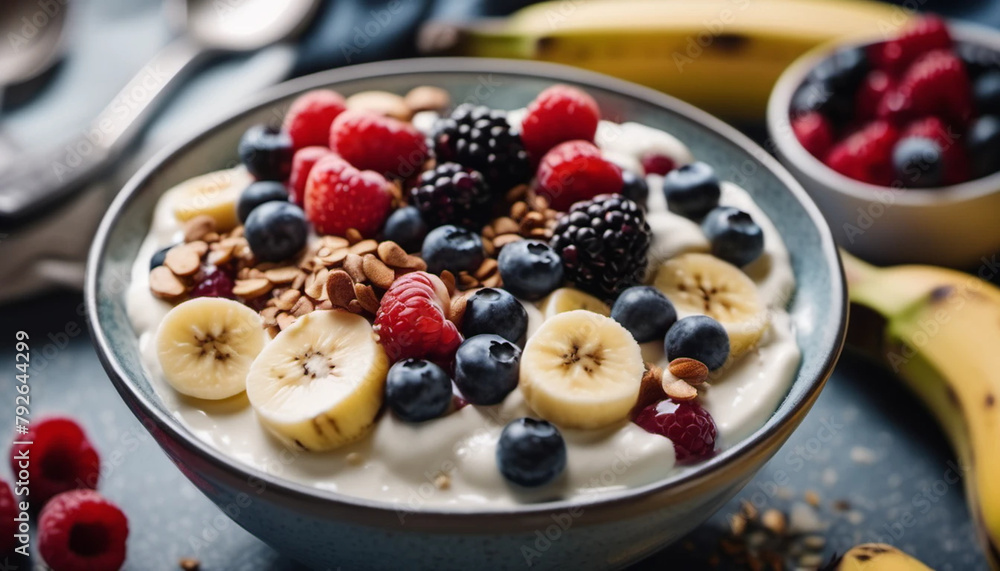 Fresh yoghurt with berries and slices of banana Fresh yoghurt with berries and slices of banana