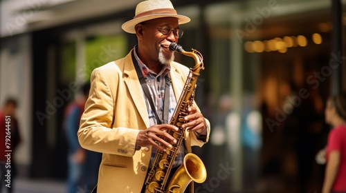 A man in a vibrant yellow suit serenades with soulful melodies on a saxophone