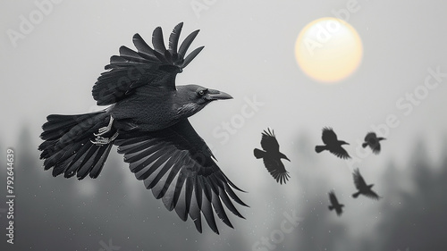 a set of flying birds, a black raven in flight isolated on a white background, a group of bird crows