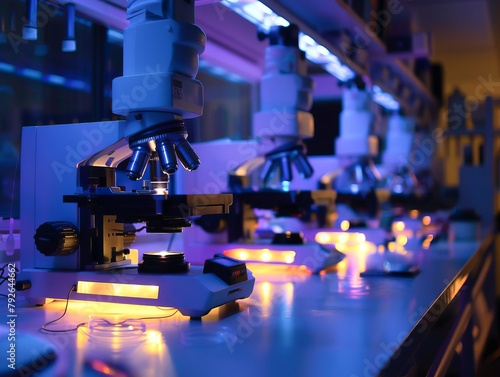 A biochemistry lab with neon yellow lights under each microscope, enhancing the visibility of samples being examined in a darkened room