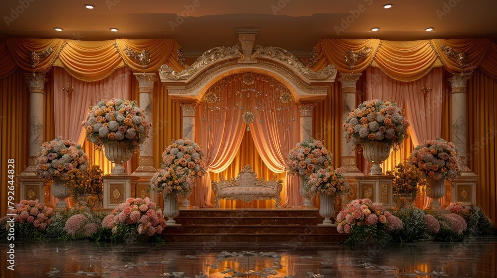 Glamorous wedding stage podium adorned with sparkling crystals, lush velvet drapery, and abundant floral arrangements, for a luxurious and extravagant setting.