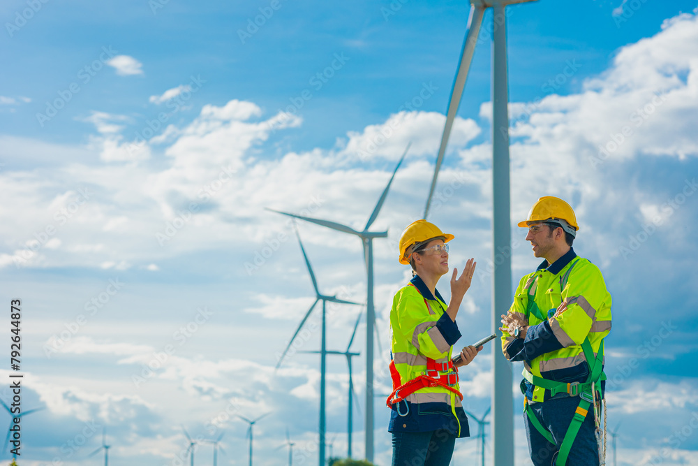 professional engineers working service maintenance wind turbines. Clean energy for future. Alternative eco natural power generator worker people concept professional engineers working service maintenance wind turbines. Clean energy for future. Alternative eco natural power generator worker people concept