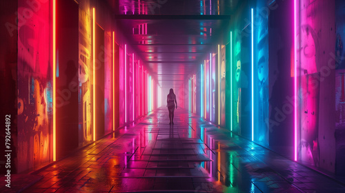 Silhouetted figure in vivid neon-lit corridor