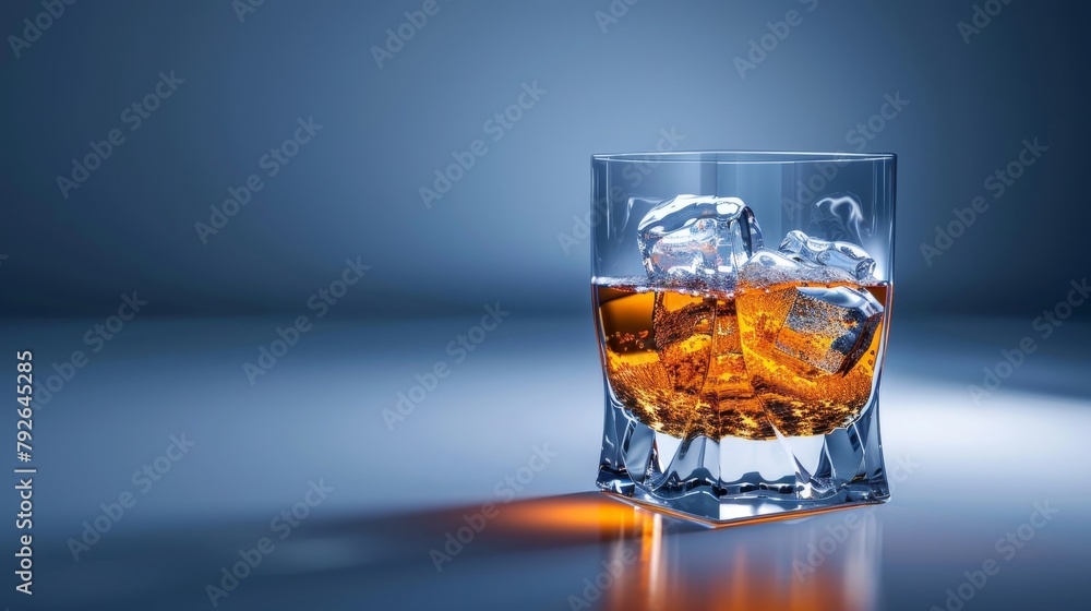 A glass of whiskey with ice.