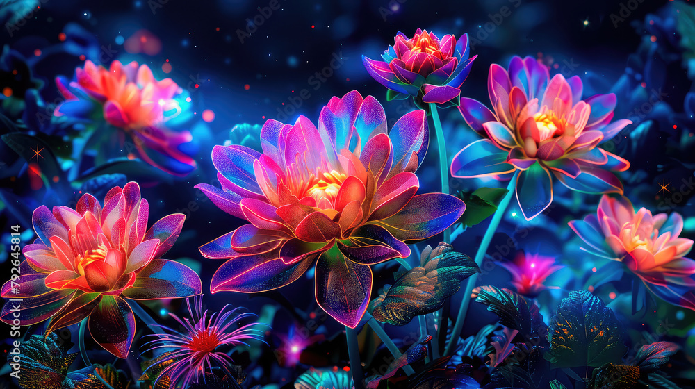 Fantastic cosmic flowers in neon shades. Generative AI Fantastic cosmic flowers in neon shades. Generative AI
