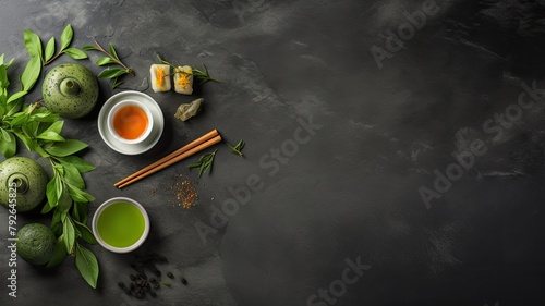 rice sushi presented with Chinese chopsticks against a dark background with hues of green, evoking a sense of culinary elegance. © lililia