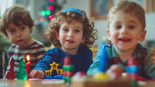 A joyful Hanukkah dreidel game with children playing in anticipation.