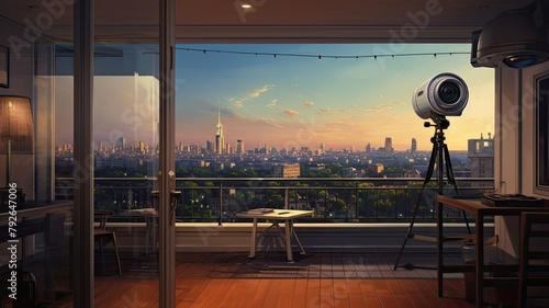 the urban landscape with a realistic photo of a CCTV camera overlooking the city skyline, symbolizing surveillance and security in modern cities. #792647006