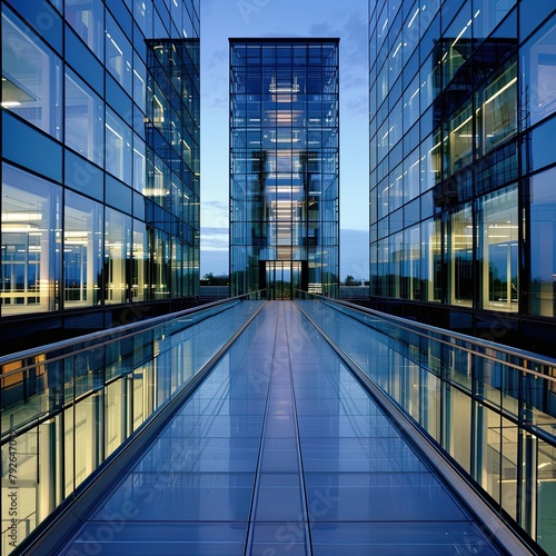 An empty office building with a bright window and a blue sky.