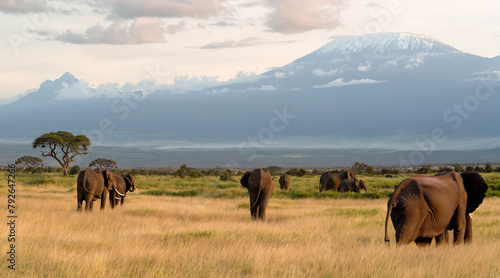 Herd of elephants and Mount Kilimanjaro