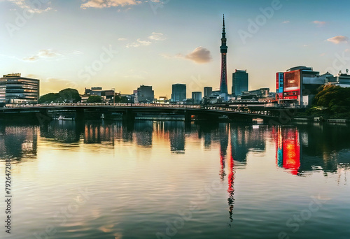 'Panoramic Famous background morning Temple Traveling view scene Japan Tokyo concept city Sumida Ji Senso Asia Colorful river Dawn Skytree Tokyo Japan Sunset Panorama Dawn Cityscape Panoramic Asia' photo