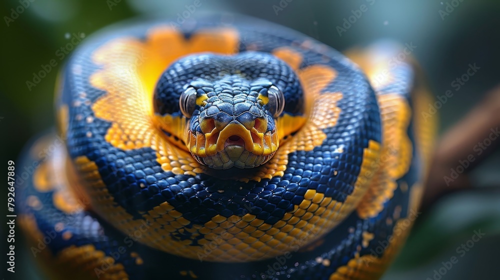 Fototapeta premium Ball Python: Curled up in a symmetrical coil, showcasing its intricate pattern.