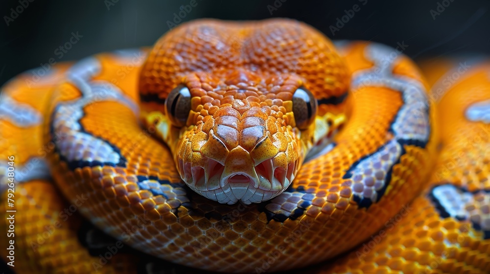 Fototapeta premium Ball Python: Curled up in a symmetrical coil, showcasing its intricate pattern.