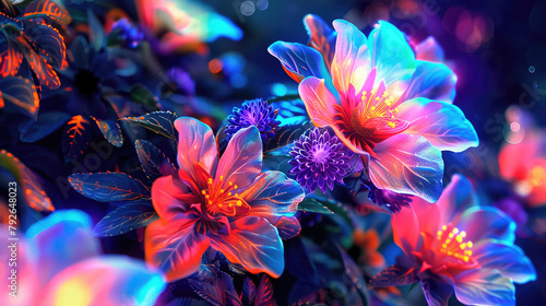 Fantastic cosmic flowers in neon shades. Generative AI © keks20034