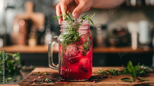 Closeup of a hand grasping a mason jar filled with a deep red liquid infused with aromatic herbs and topped with ice cubes. . photo