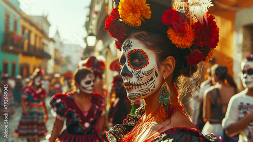 A joyous Day of the Dead street procession with traditional music and dancing. photo