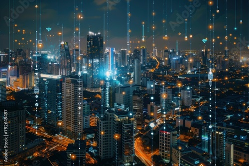 Panoramic aerial view on city skyline with smart services and icons, internet of things, network and augmented reality concept, night scene with generative ai © MUdaylah