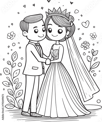 A couple is getting married and the bride is wearing a white dress