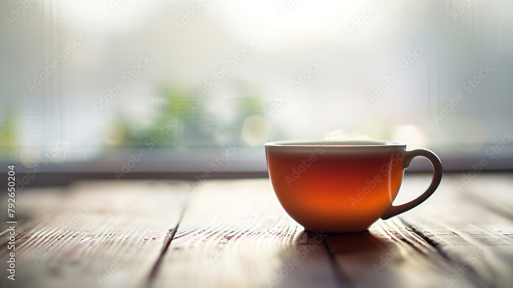  a solitary tea cup resting on a wooden table - obrazy, fototapety, plakaty 