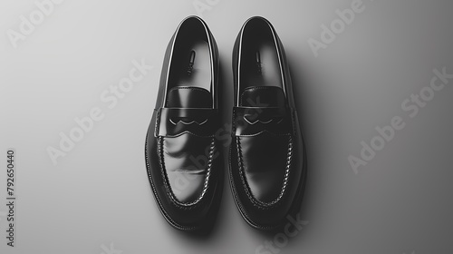 A stylish loafer mockup in a sophisticated black shade, positioned on a solid gray background, exuding elegance and refinement, all photographed in high-definition to emphasize its polished surface  photo