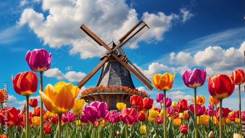 colorful tulips with a backdrop, a classic wooden windmill, against a cloudy blue sky