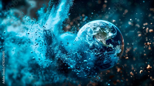 Dynamic global warming effect ocean becoming dust blue powder decay explode concept the planet earth explodes with a lot blue powder on space background  photo
