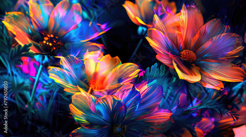 Fantastic cosmic flowers in neon shades. Generative AI